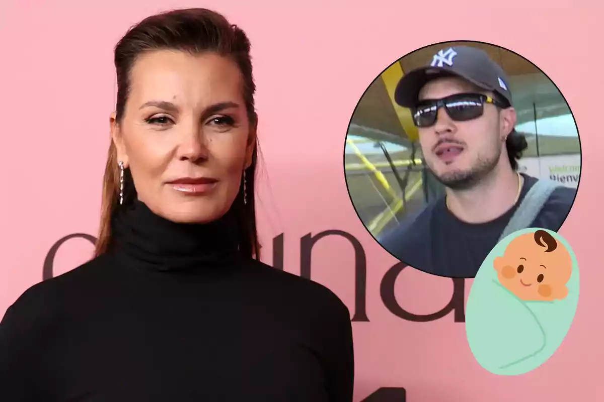Brown-haired woman in a black sweater posing in front of a pink background, with a circle showing a man wearing a cap and dark glasses and a drawing of a baby in the corner.