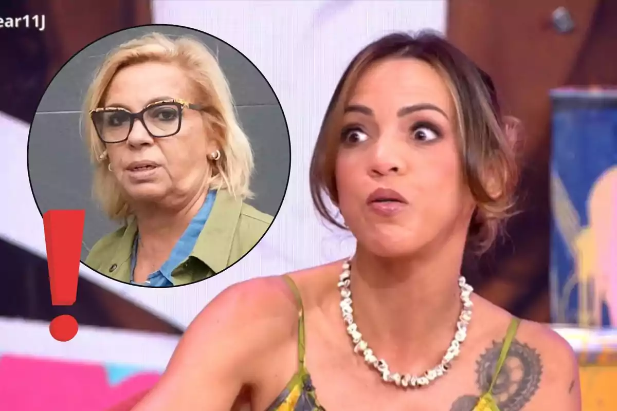 Dona jove amb expressió de sorpresa en un programa de televisió i a la cantonada superior esquerra apareix un cercle amb la imatge d’una dona rossa amb ulleres i un signe d’exclamació vermell.