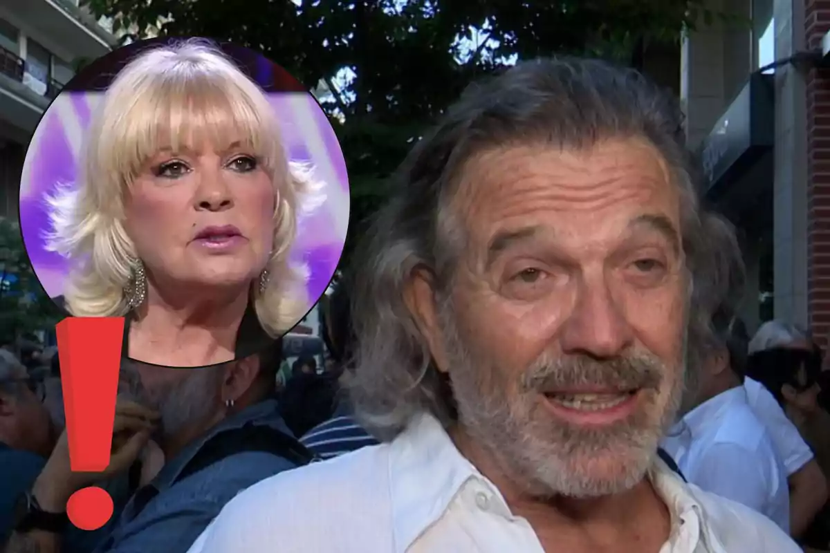 Gray-haired man with a beard speaking outdoors with a circular image of a blonde woman and a red exclamation mark superimposed.