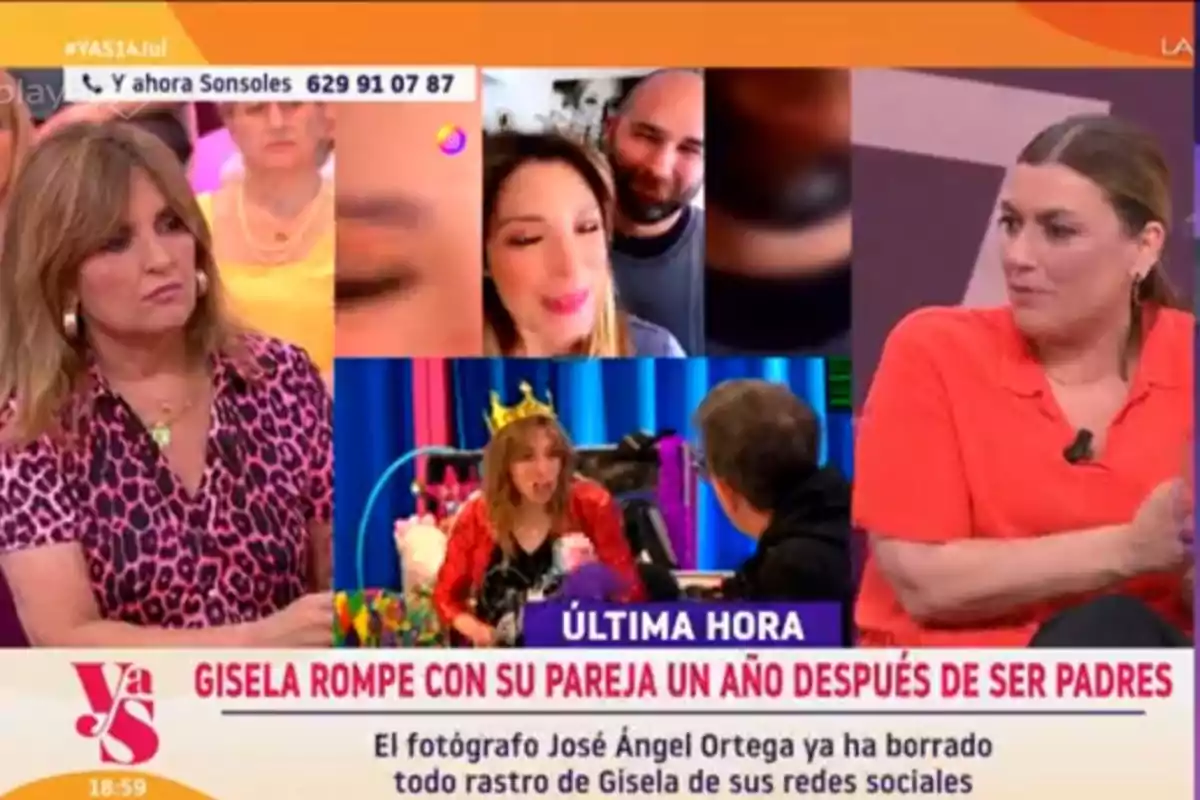 Two women talk on a television show with background images and a headline announcing Gisela’s breakup with her partner one year after becoming parents. Two women talk on a television show with background images and a headline announcing Gisela’s breakup with her partner one year after becoming parents.