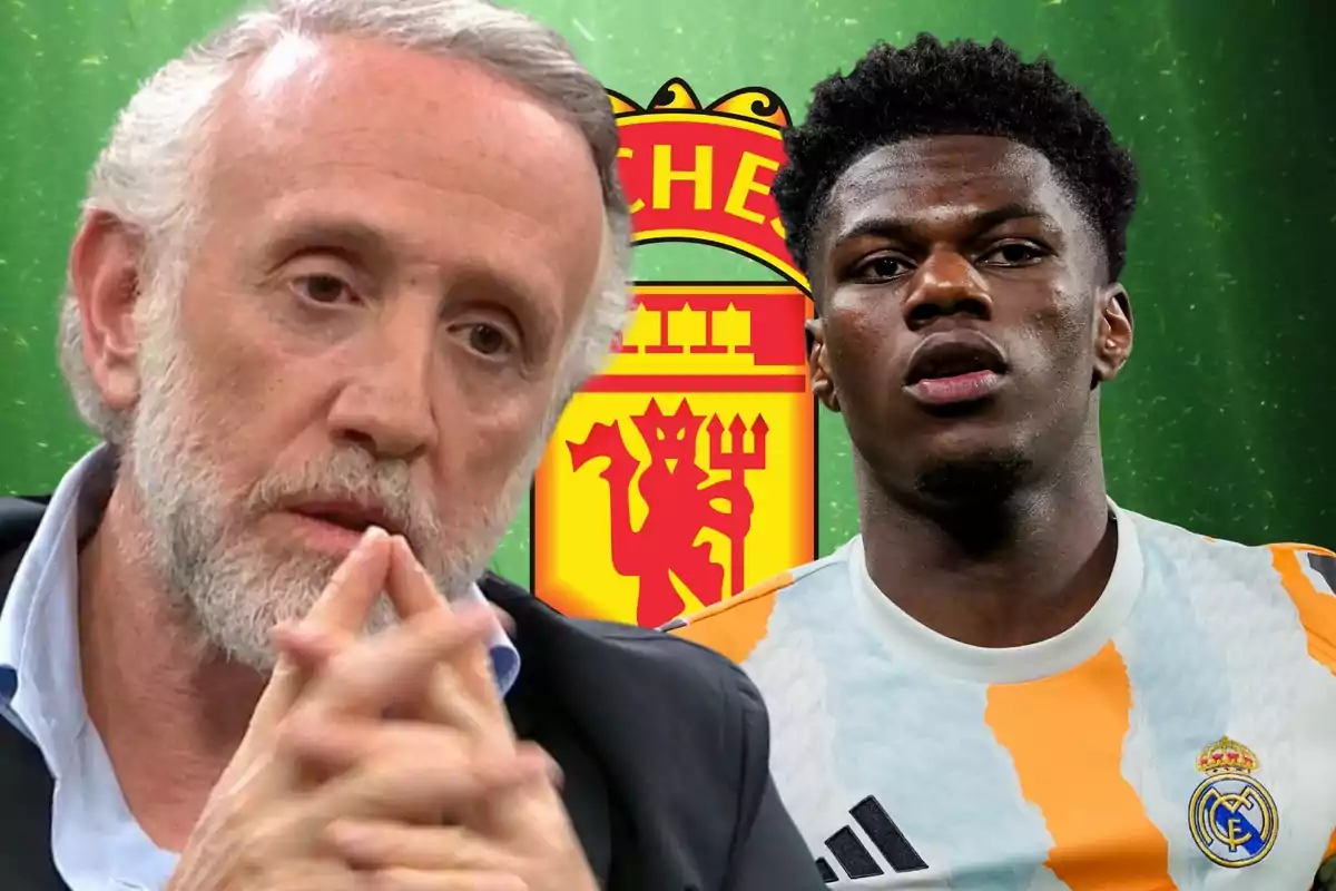 A gray-haired, bearded man appears thoughtful next to a player wearing a Real Madrid jersey, with the Manchester United crest in the background.