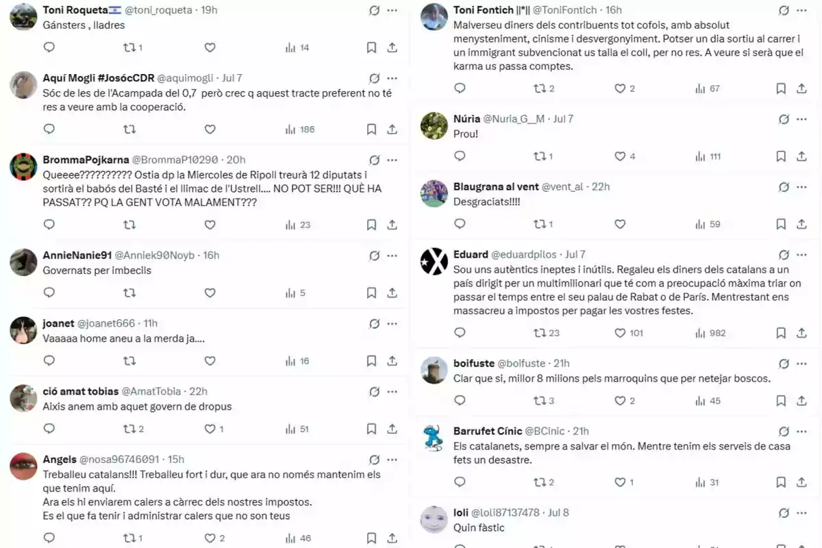 Screenshot of a series of tweets in Catalan and Spanish with critical opinions and negative comments about political and social issues in Catalonia. Screenshot of a series of tweets in Catalan and Spanish with critical opinions and negative comments about political and social issues in Catalonia.