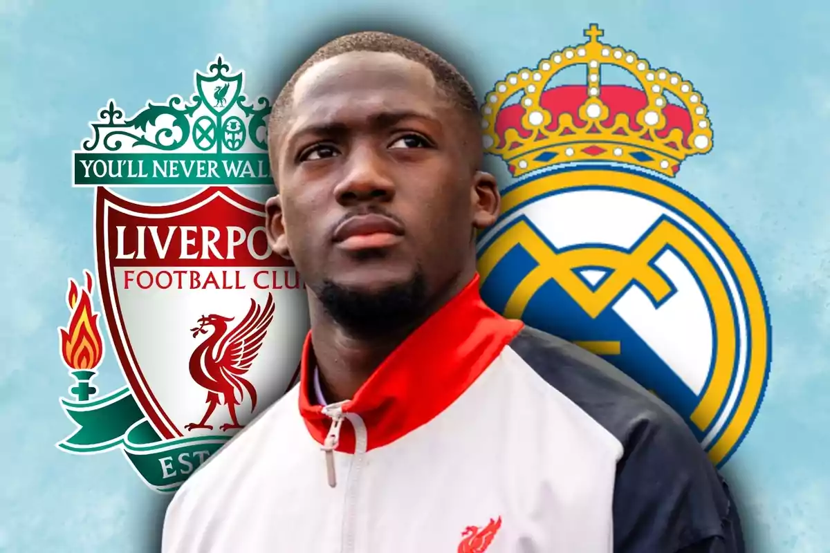 Un futbolista con chaqueta blanca y roja aparece en primer plano, mientras que en el fondo se ven los escudos de Liverpool y Real Madrid.