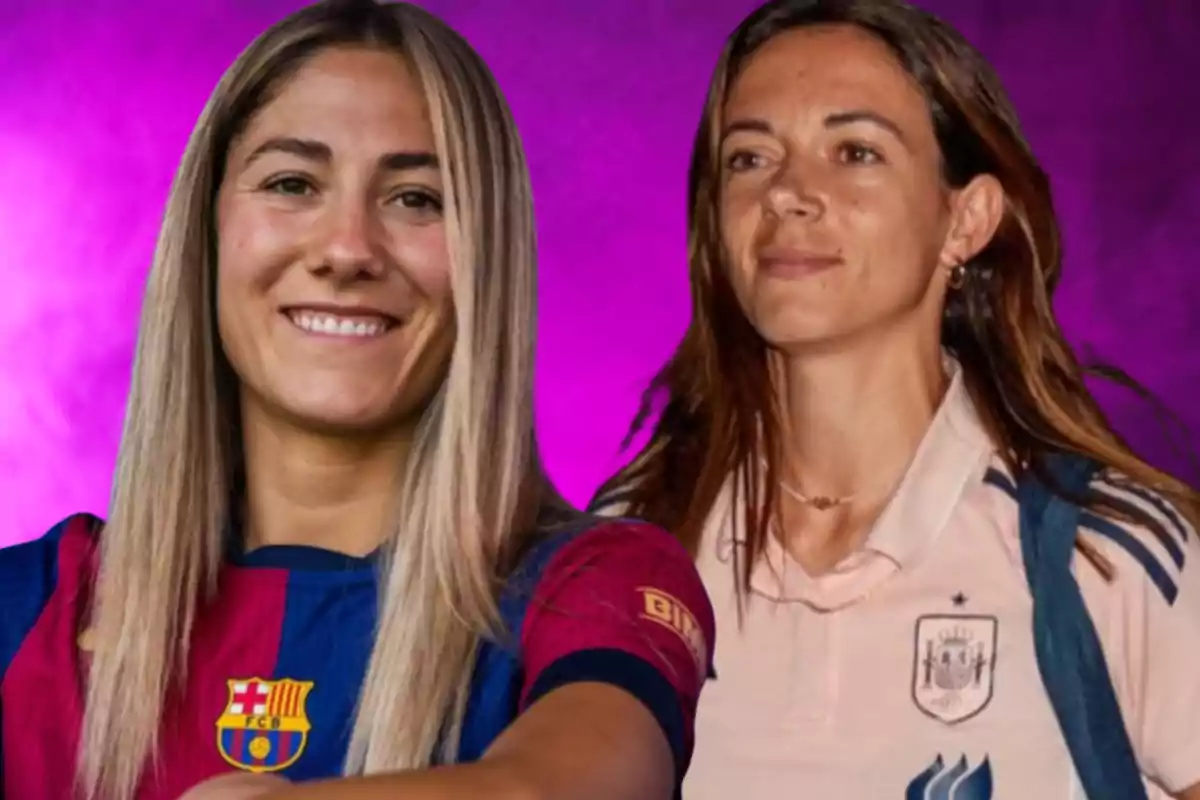 Two women pose in front of a purple background, one wearing the FC Barcelona uniform and the other wearing a light-colored Spain national team jersey.