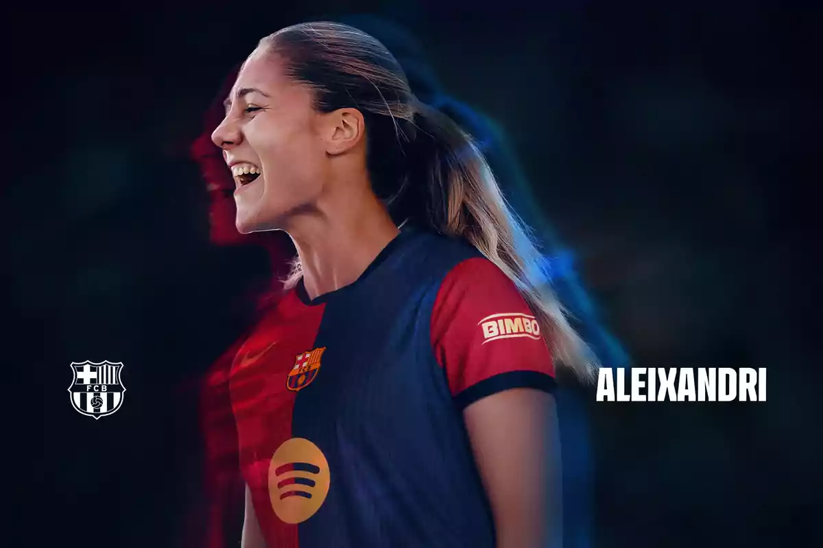 Soccer player in FC Barcelona women's uniform smiles in profile with the name Aleixandri and the club crest on the left. Soccer player in FC Barcelona women's uniform smiles in profile with the name Aleixandri and the club crest on the left.