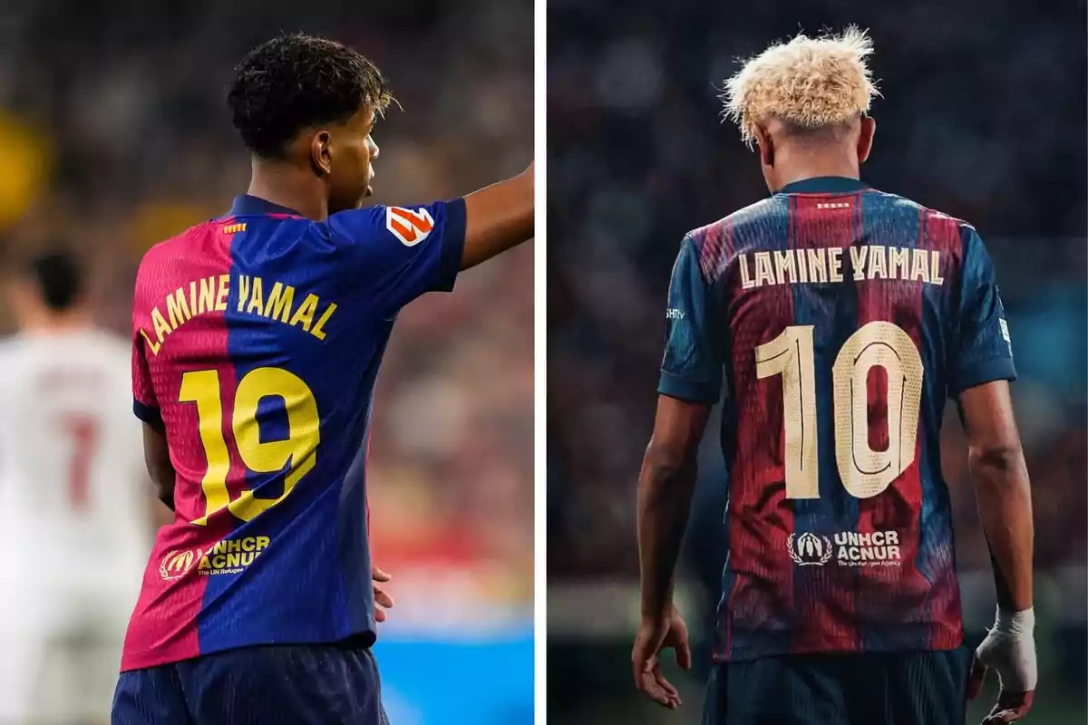 Two images show a player from behind wearing the Barcelona jersey; in the first, he has the number 19 and in the second, the number 10, both with the name Lamine Yamal. Two images show a player from behind wearing the Barcelona jersey; in the first, he has the number 19 and in the second, the number 10, both with the name Lamine Yamal.