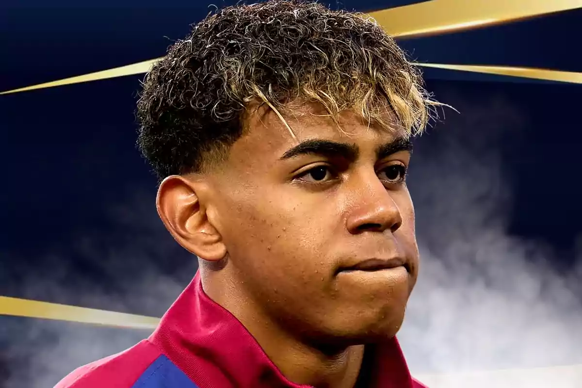 Young man with curly hair and blonde tips wearing a red and blue sports jacket with a dark background and gold details