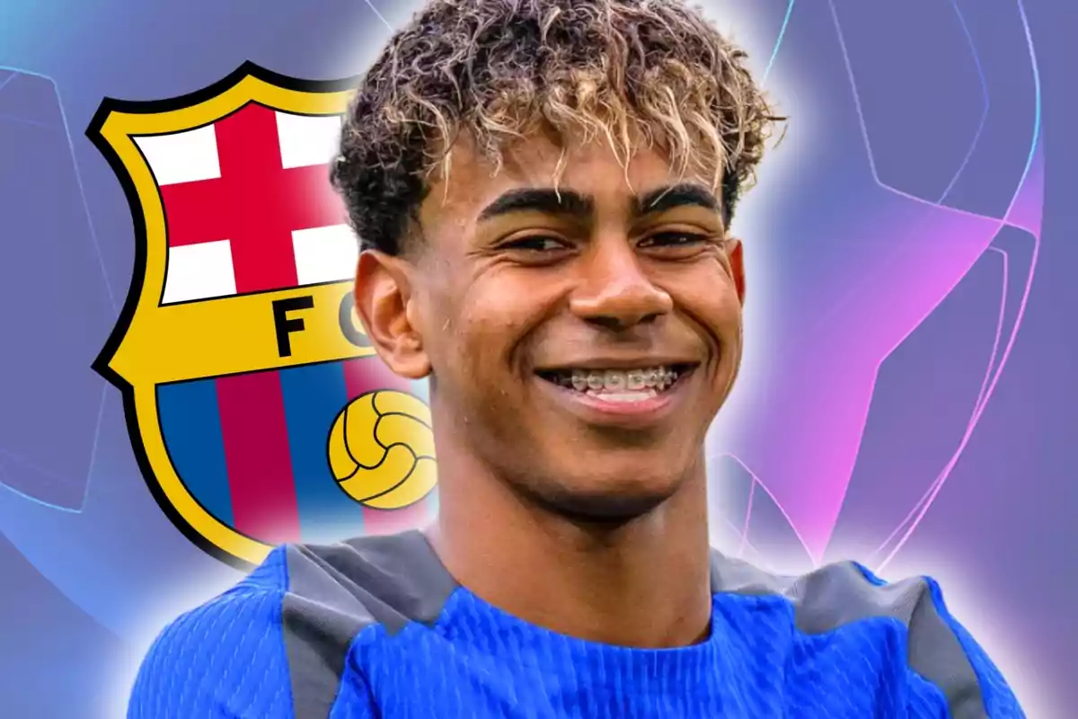 Smiling young player with braces, wearing a blue jersey, in front of the FC Barcelona crest against a colorful background