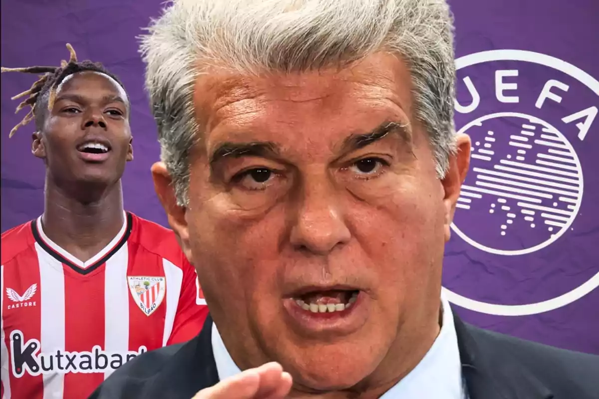 A gray-haired man in the foreground with a serious expression, and in the background a player wearing an Athletic Club uniform and a UEFA logo on a purple background.