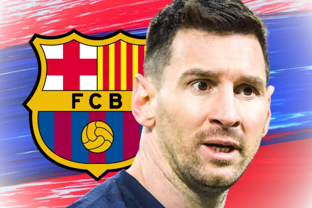 A player with a serious expression appears in the foreground with the FC Barcelona crest in the background on a blue and red-toned design.
