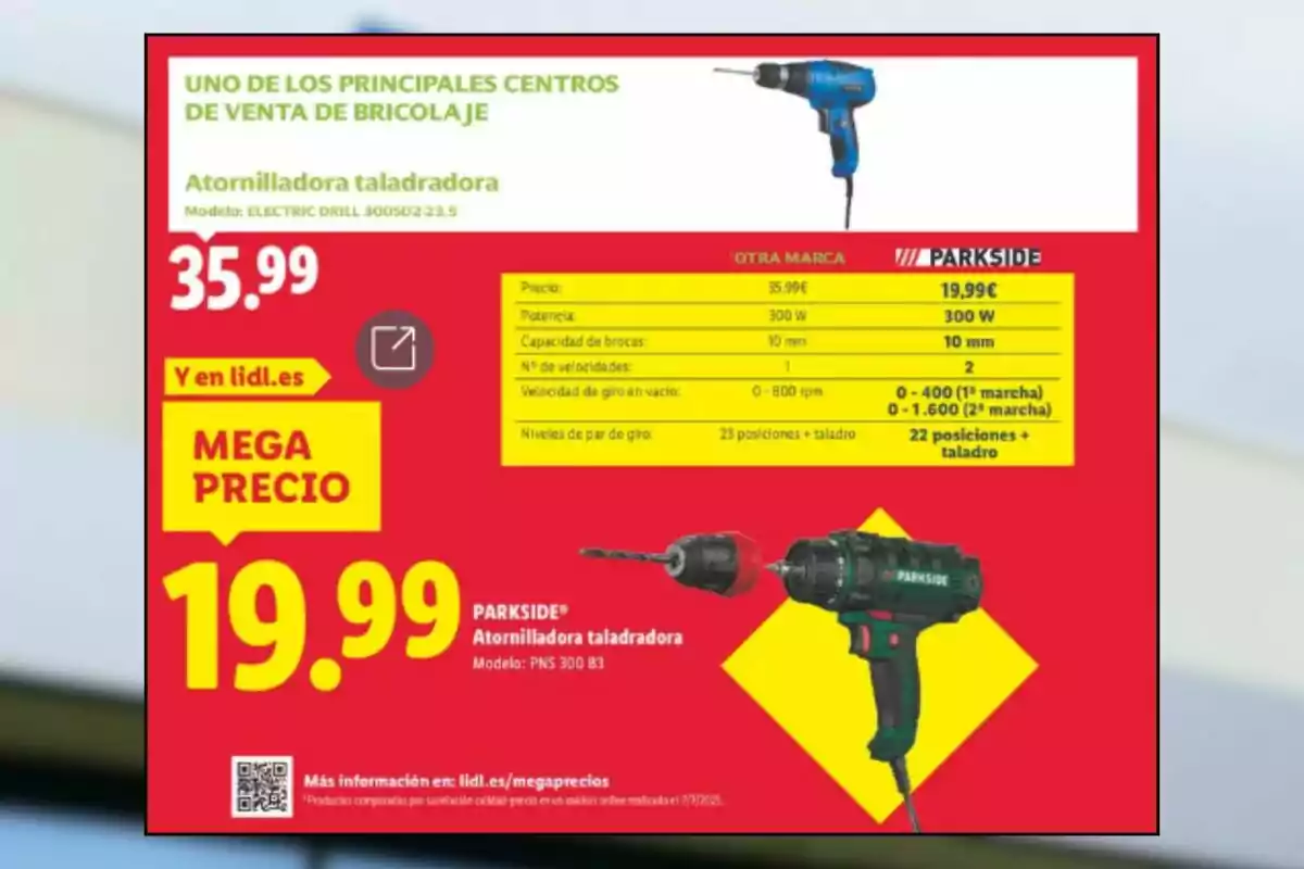Advertising for electric drills in a DIY store, comparing two models with prices, features, and a special offer for the Parkside model at 19.99 euros on a red and yellow background. Advertising for electric drills in a DIY store, comparing two models with prices, features, and a special offer for the Parkside model at 19.99 euros on a red and yellow background.