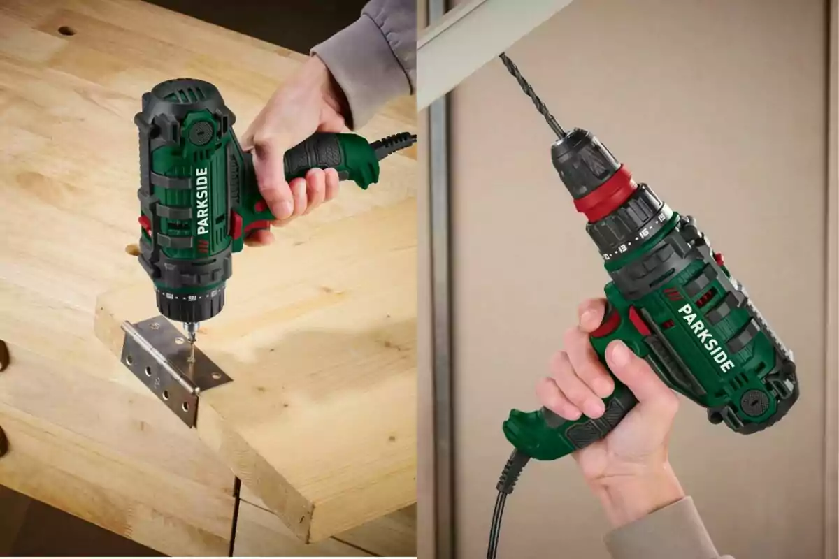 Parkside electric drill being used to screw a hinge into wood and drill a surface Parkside electric drill being used to screw a hinge into wood and drill a surface