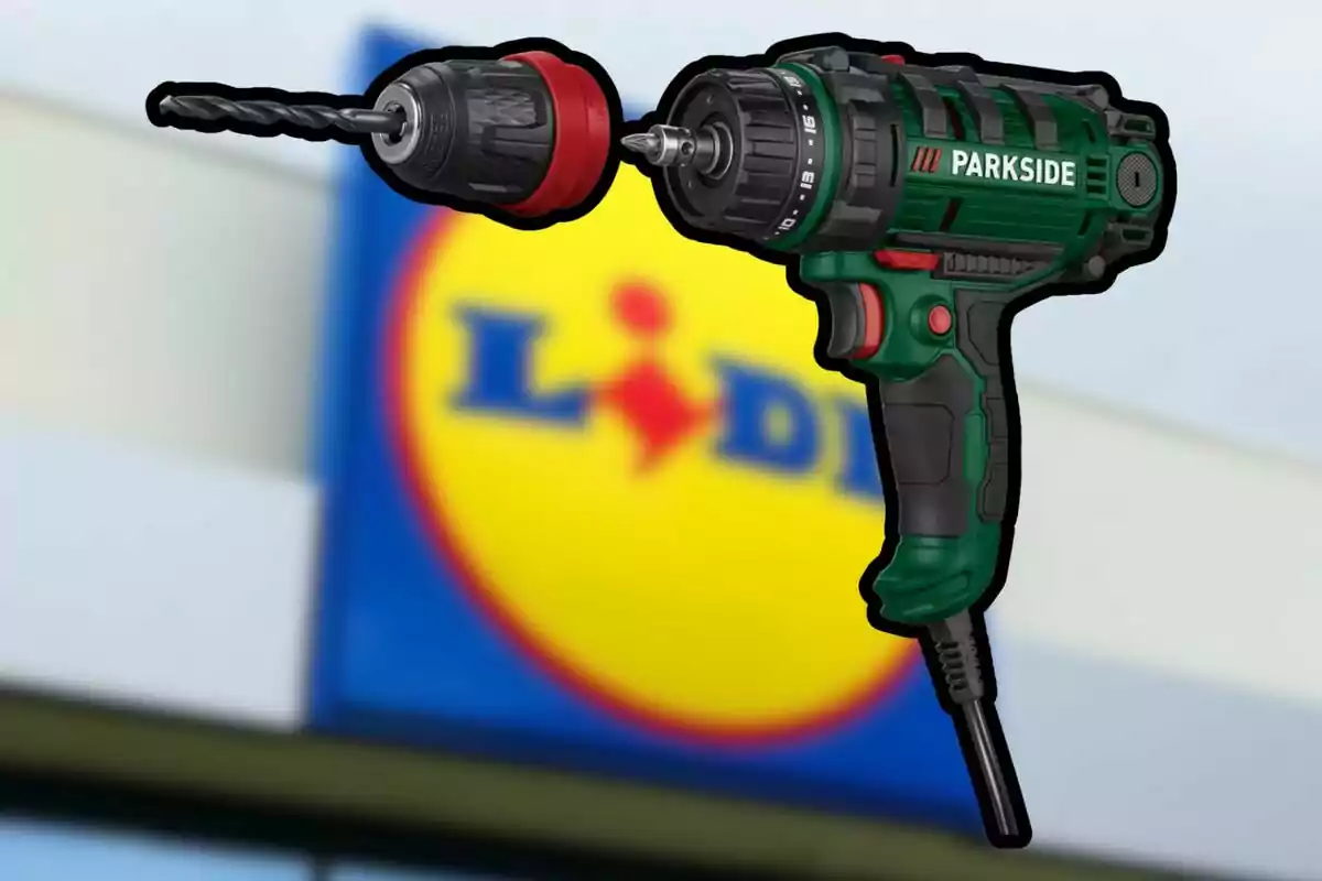 Parkside drill with bit and chuck in front of a blurry Lidl sign Parkside drill with bit and chuck in front of a blurry Lidl sign