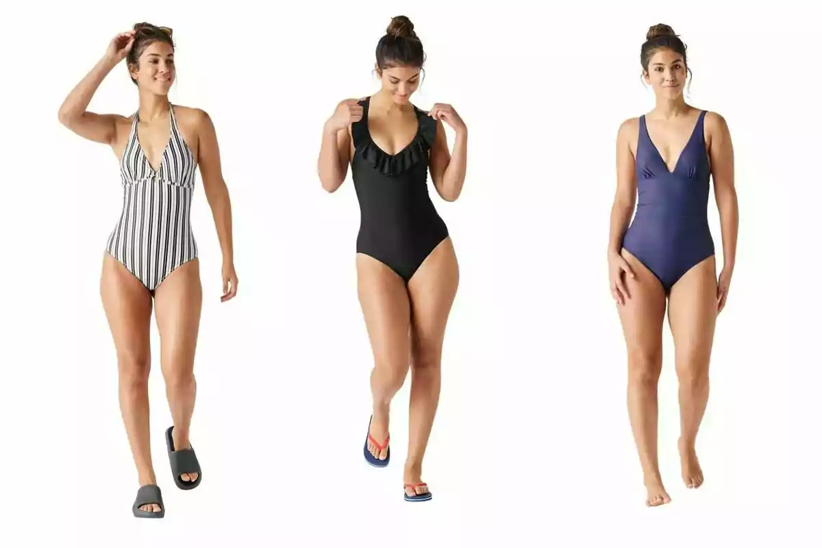 Three women model different one-piece swimsuits against a white background. Three women model different one-piece swimsuits against a white background.
