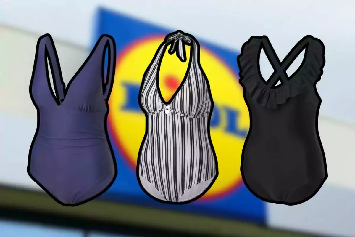 Three one-piece swimsuits in different styles and colors in front of a blurry store sign. Three one-piece swimsuits in different styles and colors in front of a blurry store sign.