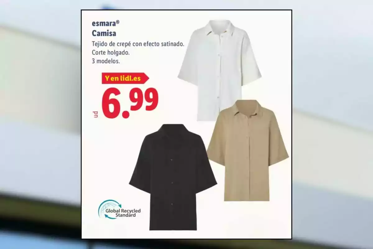 Publicitat de camises Esmara de tallatge ample en colors blanc, beix i negre amb un preu de 6,99 euros i teixit de crepè amb efecte setinat Publicitat de camises Esmara de tallatge ample en colors blanc, beix i negre amb un preu de 6,99 euros i teixit de crepè amb efecte setinat