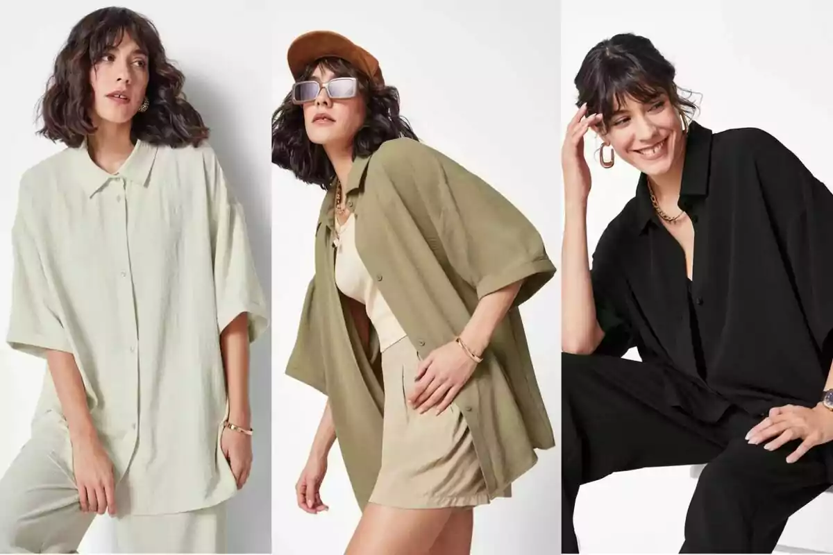 Tres dones posen amb camises oversize de màniga curta en colors beix, verd oliva i negre, combinades amb diferents peces i accessoris moderns. Tres dones posen amb camises oversize de màniga curta en colors beix, verd oliva i negre, combinades amb diferents peces i accessoris moderns.