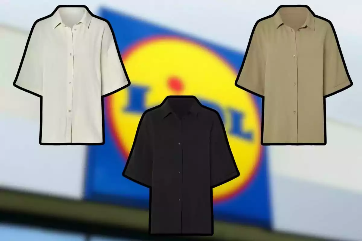 Tres camises de màniga curta en colors blanc, negre i beix sobre un fons desenfocat amb el logotip de Lidl Tres camises de màniga curta en colors blanc, negre i beix sobre un fons desenfocat amb el logotip de Lidl