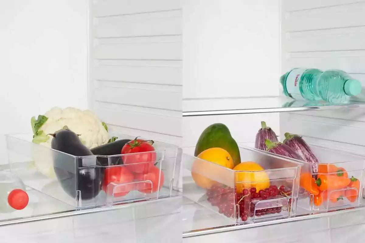 Two refrigerator compartments organized with different fruits and vegetables, including cauliflower, eggplants, tomatoes, oranges, grapes, mangoes, peppers, and water bottles. Two refrigerator compartments organized with different fruits and vegetables, including cauliflower, eggplants, tomatoes, oranges, grapes, mangoes, peppers, and water bottles.