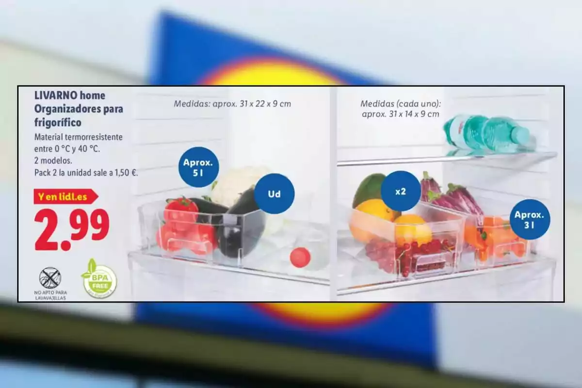 Transparent organizers for refrigerator with fruits and vegetables inside, price 2.99 euros, Lidl offer Transparent organizers for refrigerator with fruits and vegetables inside, price 2.99 euros, Lidl offer