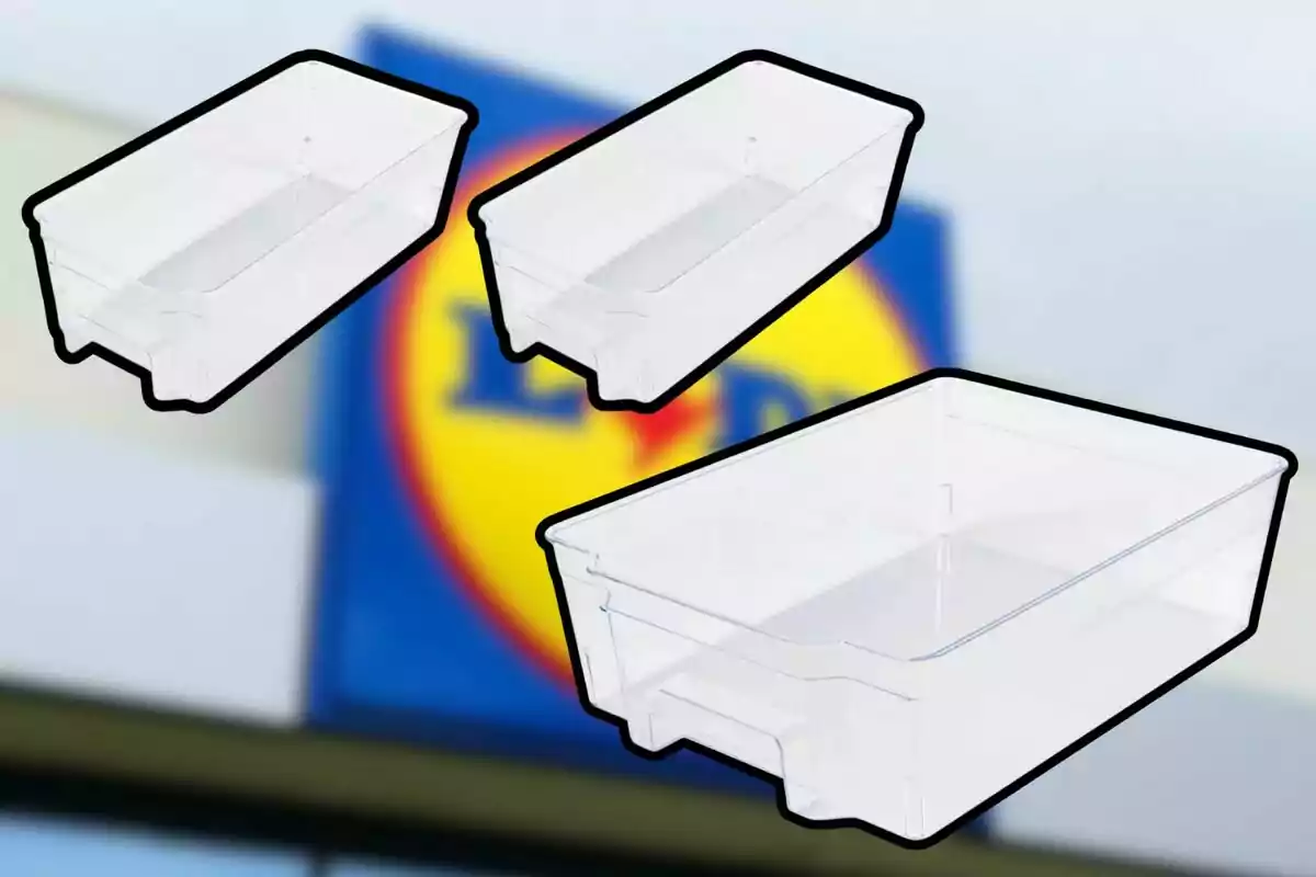 Three transparent plastic boxes with black edges on a blurred background of a supermarket sign Three transparent plastic boxes with black edges on a blurred background of a supermarket sign