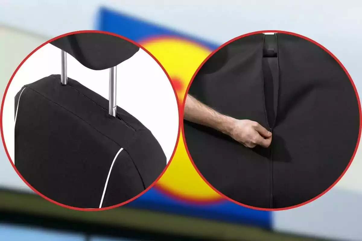 Detall d’una funda negra per a seient de cotxe amb tancament de cremallera i costures visibles, sobre un fons desenfocat de colors blau, groc i vermell Detall d’una funda negra per a seient de cotxe amb tancament de cremallera i costures visibles, sobre un fons desenfocat de colors blau, groc i vermell
