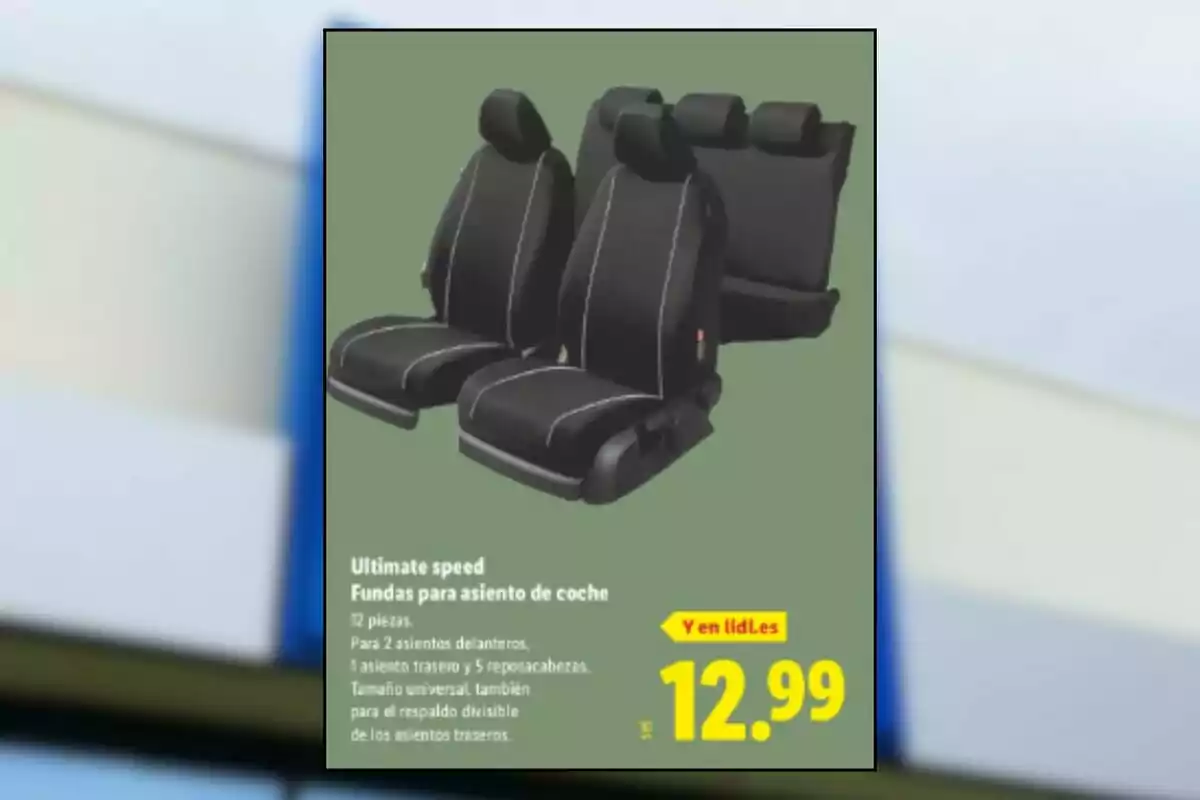Imatge d’un anunci de fundes negres per a seients de cotxe amb un preu de 12,99 euros en una botiga Imatge d’un anunci de fundes negres per a seients de cotxe amb un preu de 12,99 euros en una botiga