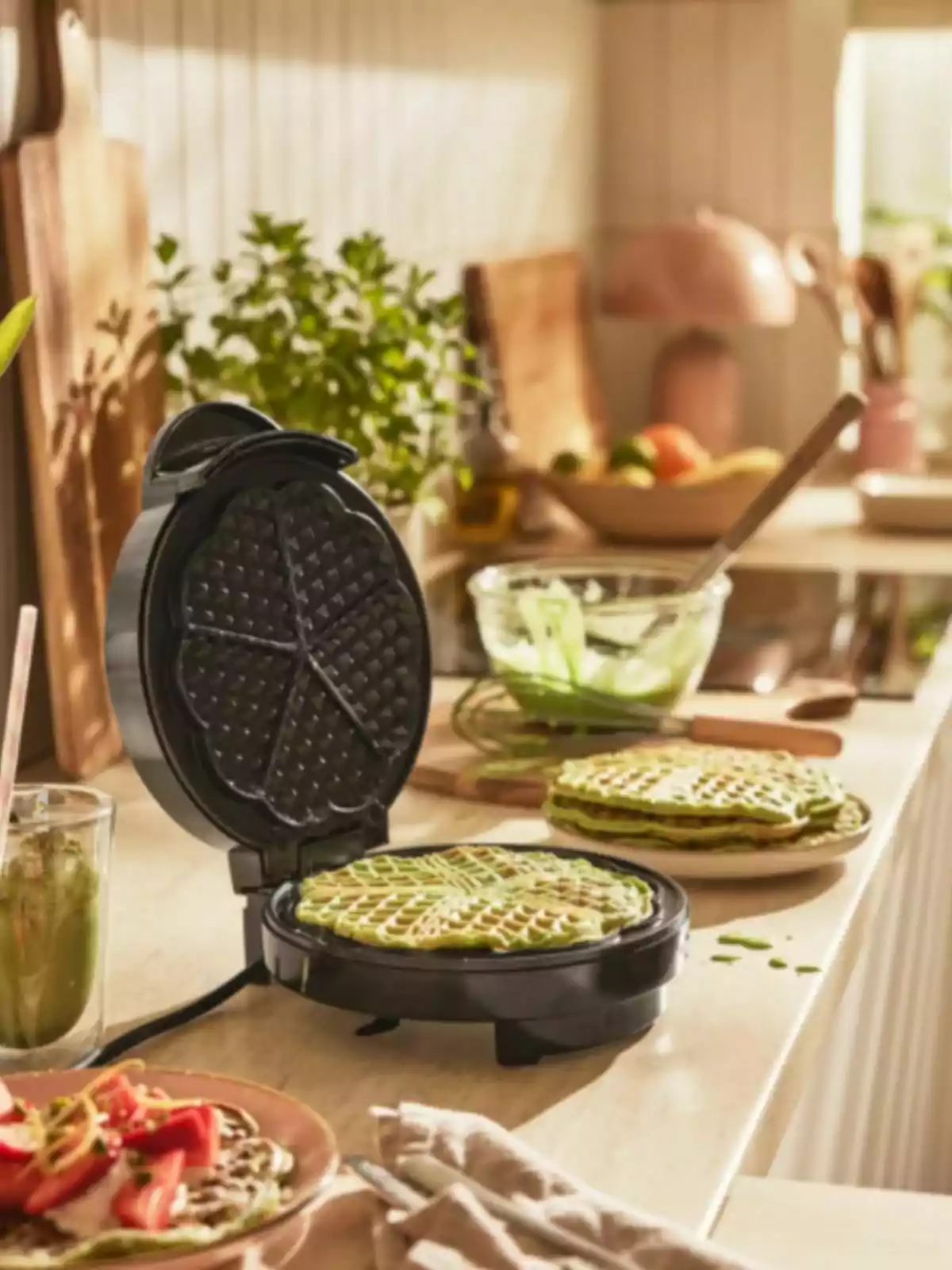 Open electric waffle maker with a green waffle in a brightly lit kitchen, surrounded by ingredients and utensils Open electric waffle maker with a green waffle in a brightly lit kitchen, surrounded by ingredients and utensils