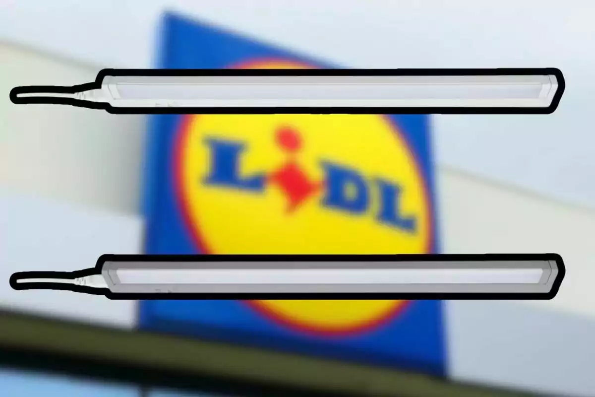 Two elongated LED light lamps against a blurred background with the Lidl store logo. Two elongated LED light lamps against a blurred background with the Lidl store logo.