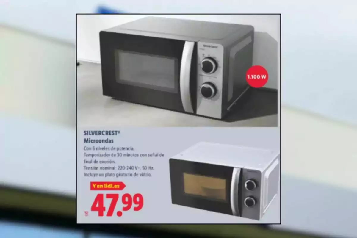 Microondas plateado y negro de la marca Silvercrest con dos perillas frontales, potencia de 1100 W y precio de 47.99 euros en una promoción de Lidl Microondas plateado y negro de la marca Silvercrest con dos perillas frontales, potencia de 1100 W y precio de 47.99 euros en una promoción de Lidl
