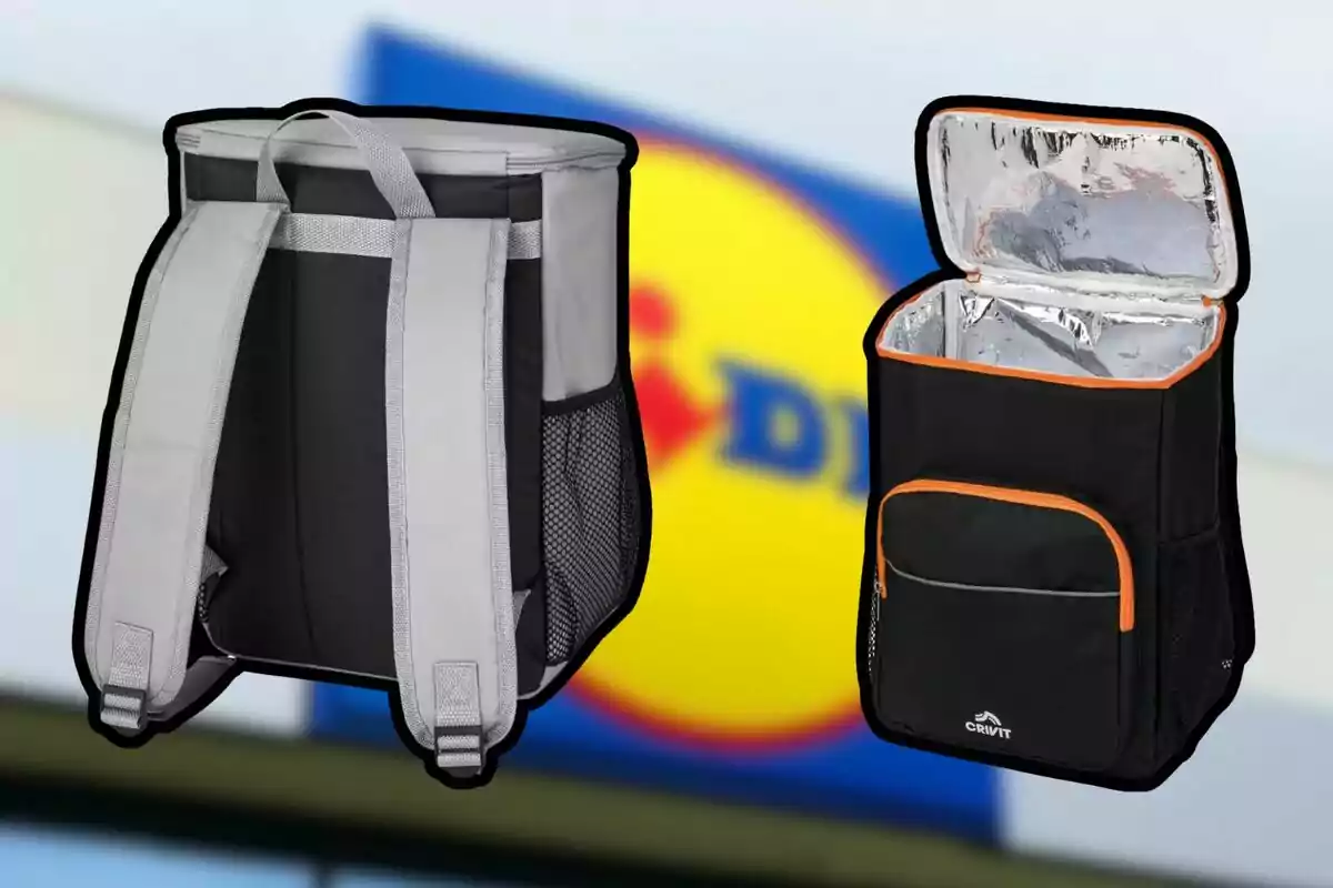 Black thermal backpack with orange details and open main compartment, shown from the back and the front, with a blurred background of a supermarket sign. Black thermal backpack with orange details and open main compartment, shown from the back and the front, with a blurred background of a supermarket sign.