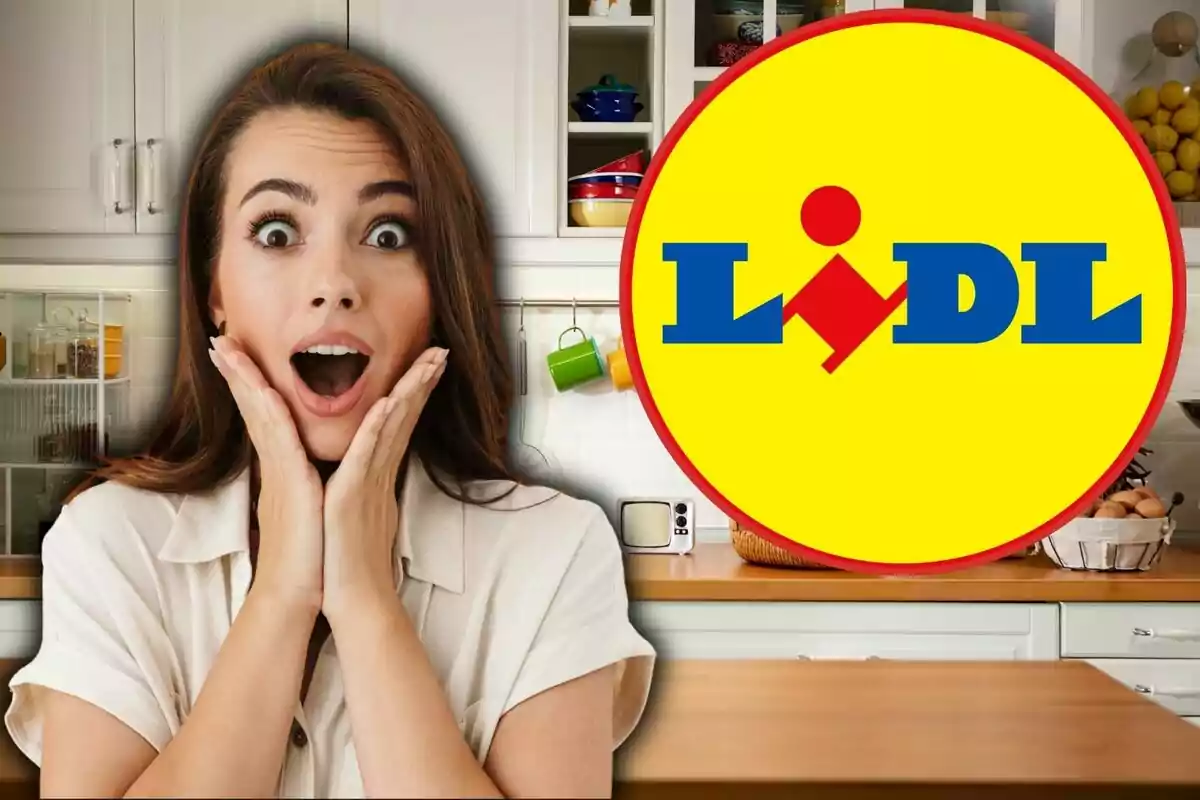 Mujer sorprendida en una cocina junto al logotipo de Lidl