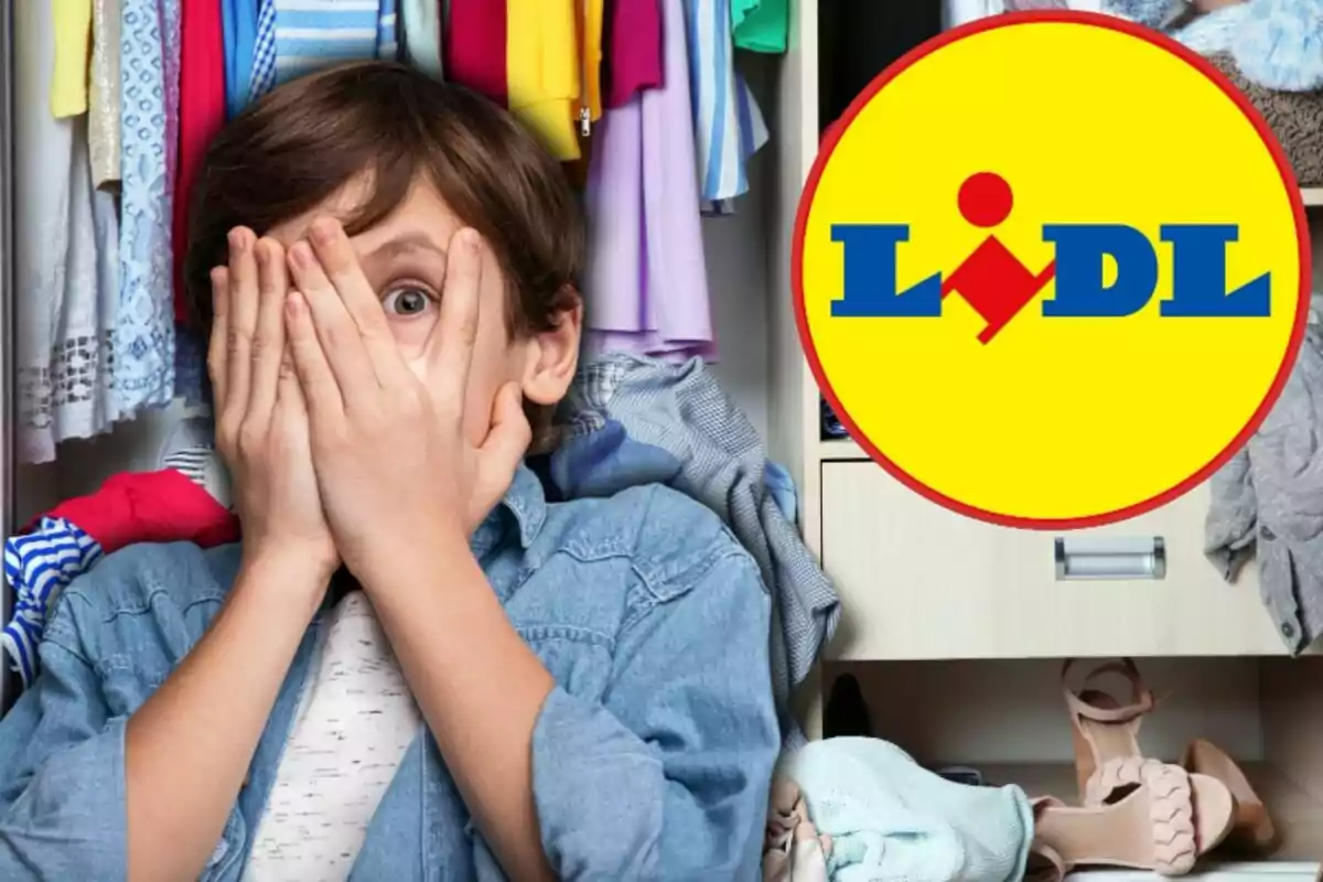 Child with a surprised expression covering his face with his hands in front of a messy closet and the Lidl logo in the corner