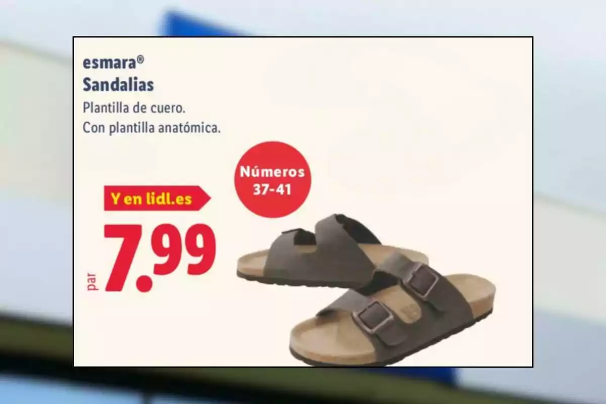 Esmara sandal offer with leather and anatomical insole in sizes 37 to 41 for 7.99 euros, available at lidl.es, image of brown sandals with two buckles. Esmara sandal offer with leather and anatomical insole in sizes 37 to 41 for 7.99 euros, available at lidl.es, image of brown sandals with two buckles.