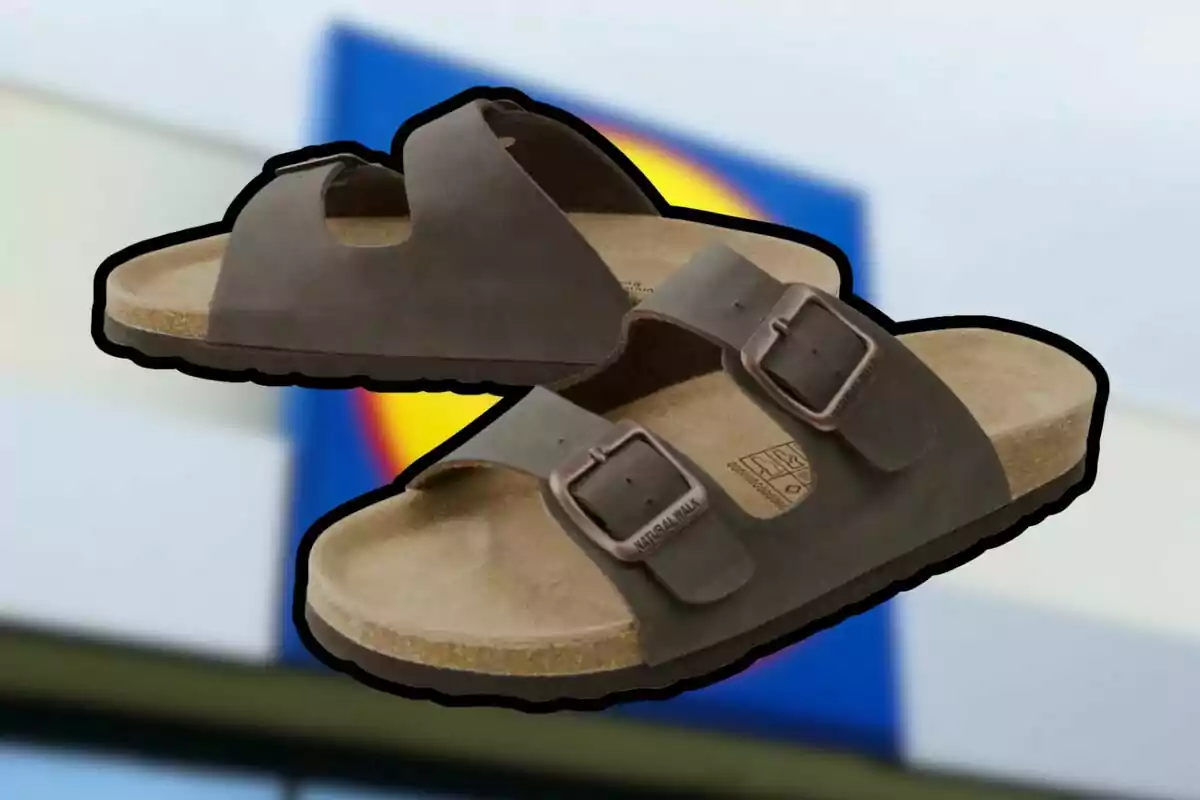 Brown sandals with buckles against a blurred background of a supermarket sign Brown sandals with buckles against a blurred background of a supermarket sign