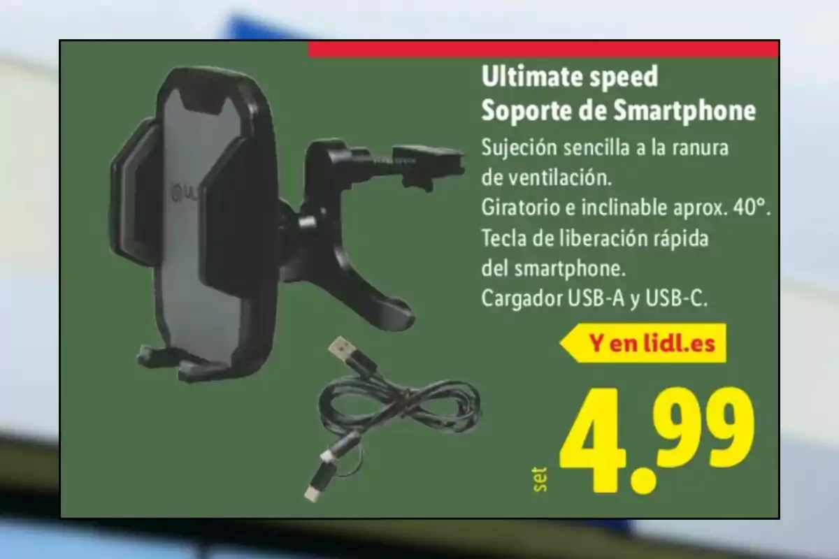 Suport per a telèfon intel·ligent Ultimate Speed per a reixeta de ventilació amb carregador USB-A i USB-C, giratori i inclinable, preu 4,99 euros Suport per a telèfon intel·ligent Ultimate Speed per a reixeta de ventilació amb carregador USB-A i USB-C, giratori i inclinable, preu 4,99 euros