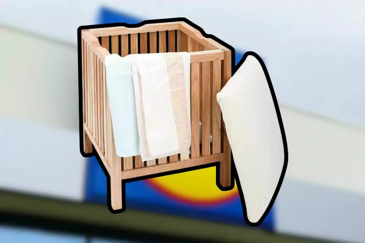 Cuna de madera con sábanas y un cojín blanco sobre un fondo desenfocado. Cuna de madera con sábanas y un cojín blanco sobre un fondo desenfocado.