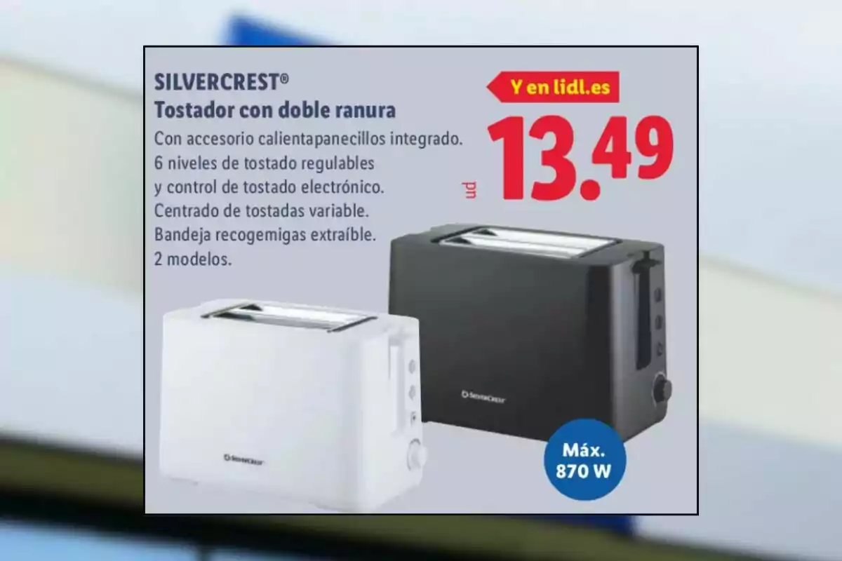 Publicitat de torradora Silvercrest amb doble ranura disponible en color blanc i negre amb un preu de 13,49 euros i una potència màxima de 870 W Publicitat de torradora Silvercrest amb doble ranura disponible en color blanc i negre amb un preu de 13,49 euros i una potència màxima de 870 W