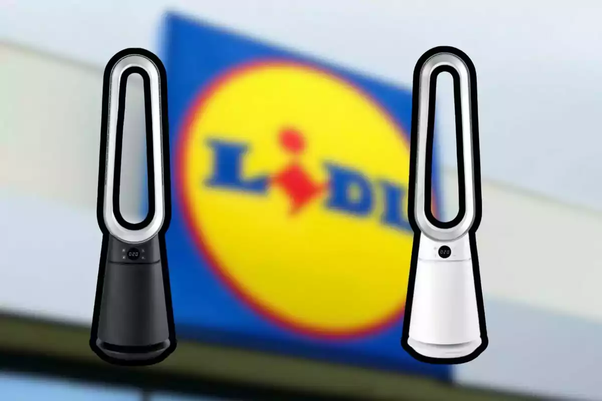 Two bladeless fans, one black and one white, in front of a blurry Lidl store sign Two bladeless fans, one black and one white, in front of a blurry Lidl store sign