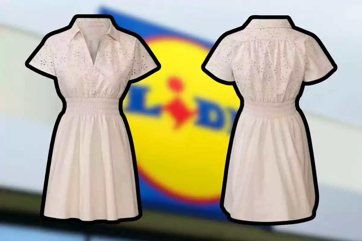 Vestit blanc de màniga curta amb detalls calats mostrat de front i d’esquena sobre un fons desenfocat amb el logotip de Lidl Vestit blanc de màniga curta amb detalls calats mostrat de front i d’esquena sobre un fons desenfocat amb el logotip de Lidl