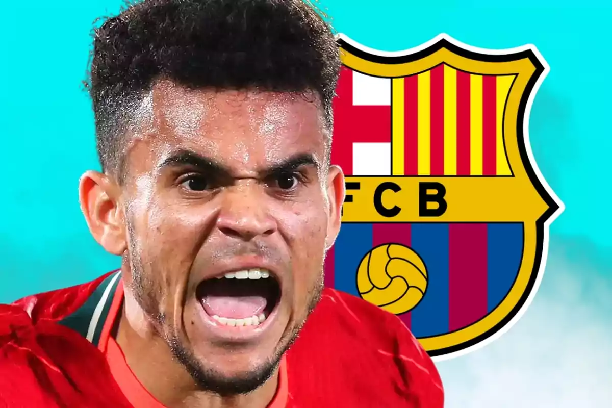 Soccer player shouting with the FC Barcelona crest in the background