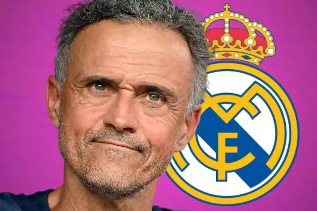 Gray-haired man with a thoughtful expression in front of the Real Madrid crest against a purple background