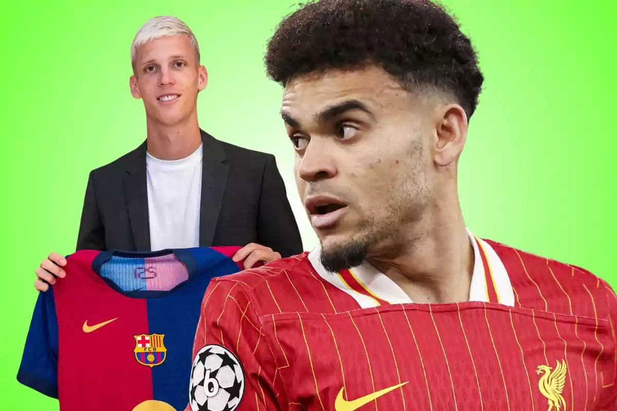 A player wearing a Liverpool jersey in the foreground and another player in the background holding a Barcelona jersey against a green backdrop.