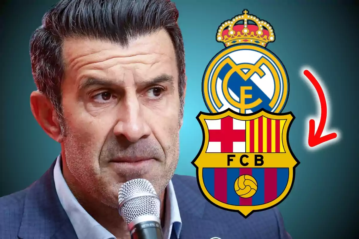 Man with a microphone in the foreground and the Real Madrid and Barcelona crests in the background, with a red arrow pointing from one to the other