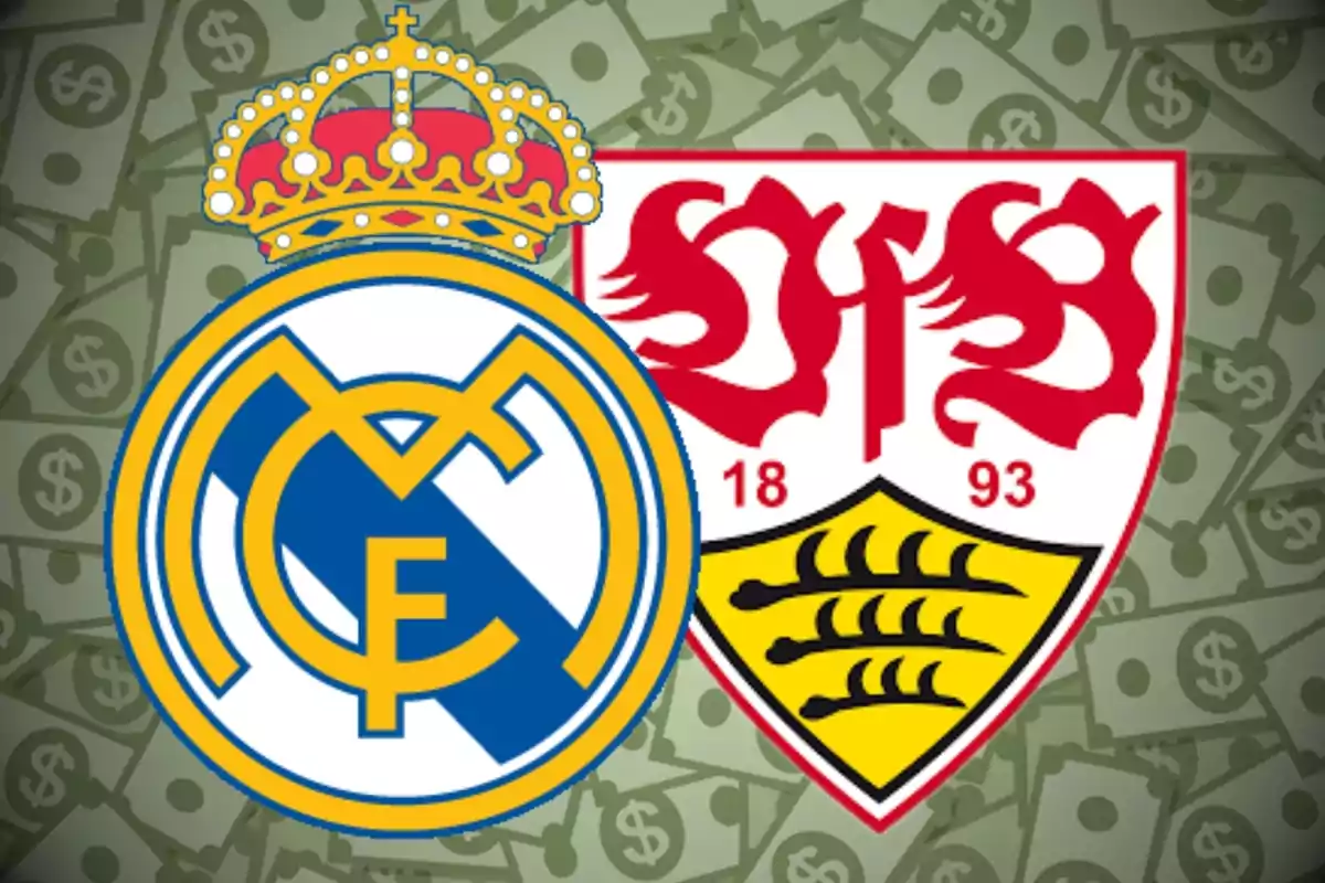 Real Madrid and Stuttgart crests on a background of bills with dollar signs