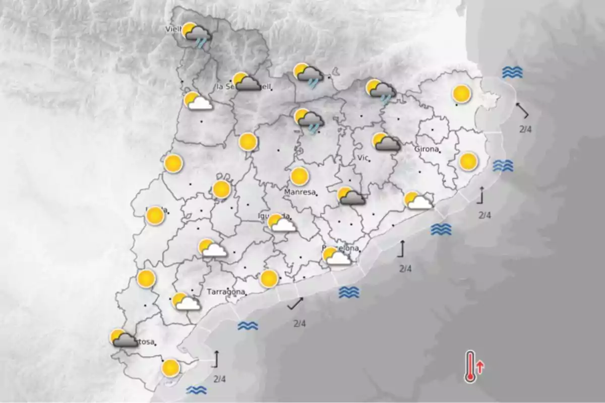 Mapa meteorològic de Catalunya amb icones que indiquen sol, núvols i pluges en diferents zones, a més de símbols d’onatge a la costa i un termòmetre assenyalant un augment de temperatura Mapa meteorològic de Catalunya amb icones que indiquen sol, núvols i pluges en diferents zones, a més de símbols d’onatge a la costa i un termòmetre assenyalant un augment de temperatura