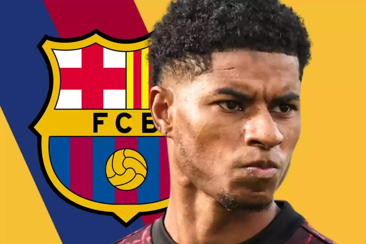 Soccer player with a serious expression in front of the FC Barcelona crest against a yellow and blue background.