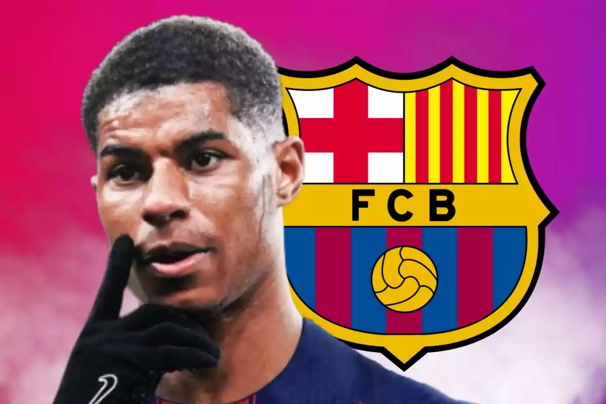 Soccer player with a black glove in the foreground and the FC Barcelona crest in the background over a pink gradient