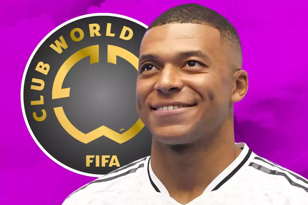 Smiling player in a white jersey in front of the FIFA Club World Cup logo against a purple background
