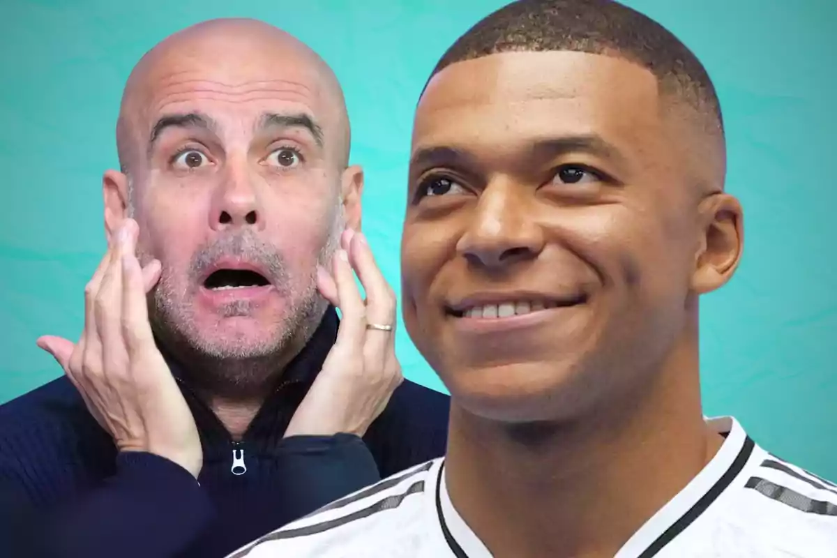 A bald man with a surprised expression and his hands on his face next to a smiling young man in a sports jersey against a blue background.
